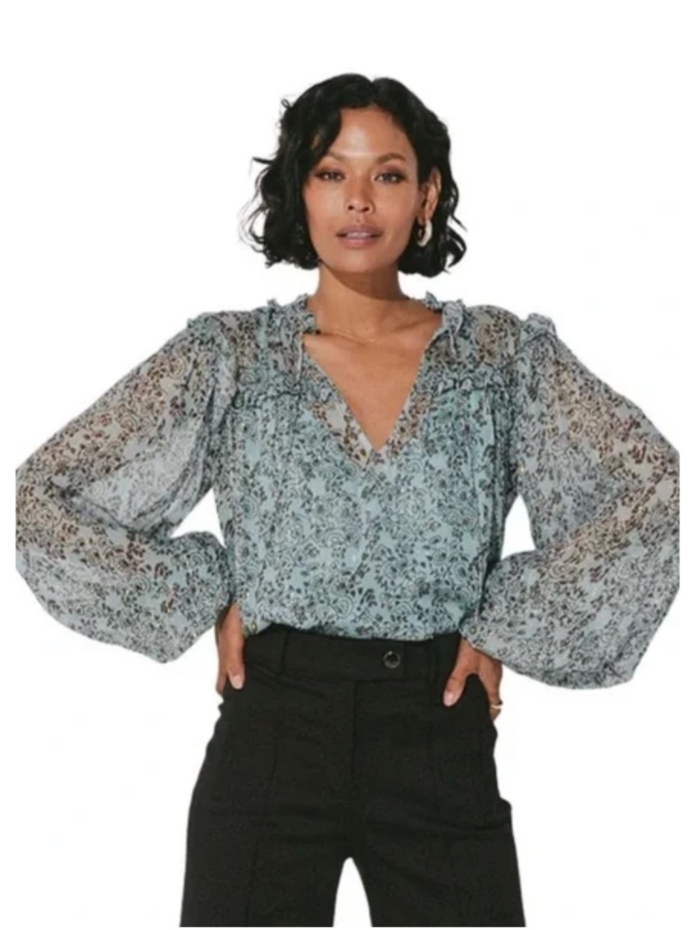 Cleobella Loretta Blouse Iris Floral Sheer Ruffle Blouse in Sage Green Sz Small